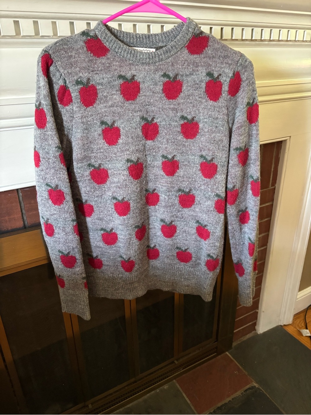 Kiel James Patrick Gray Sweater with Red Apple Motif - Women's Crewneck Sweater - Picture 2 of 5